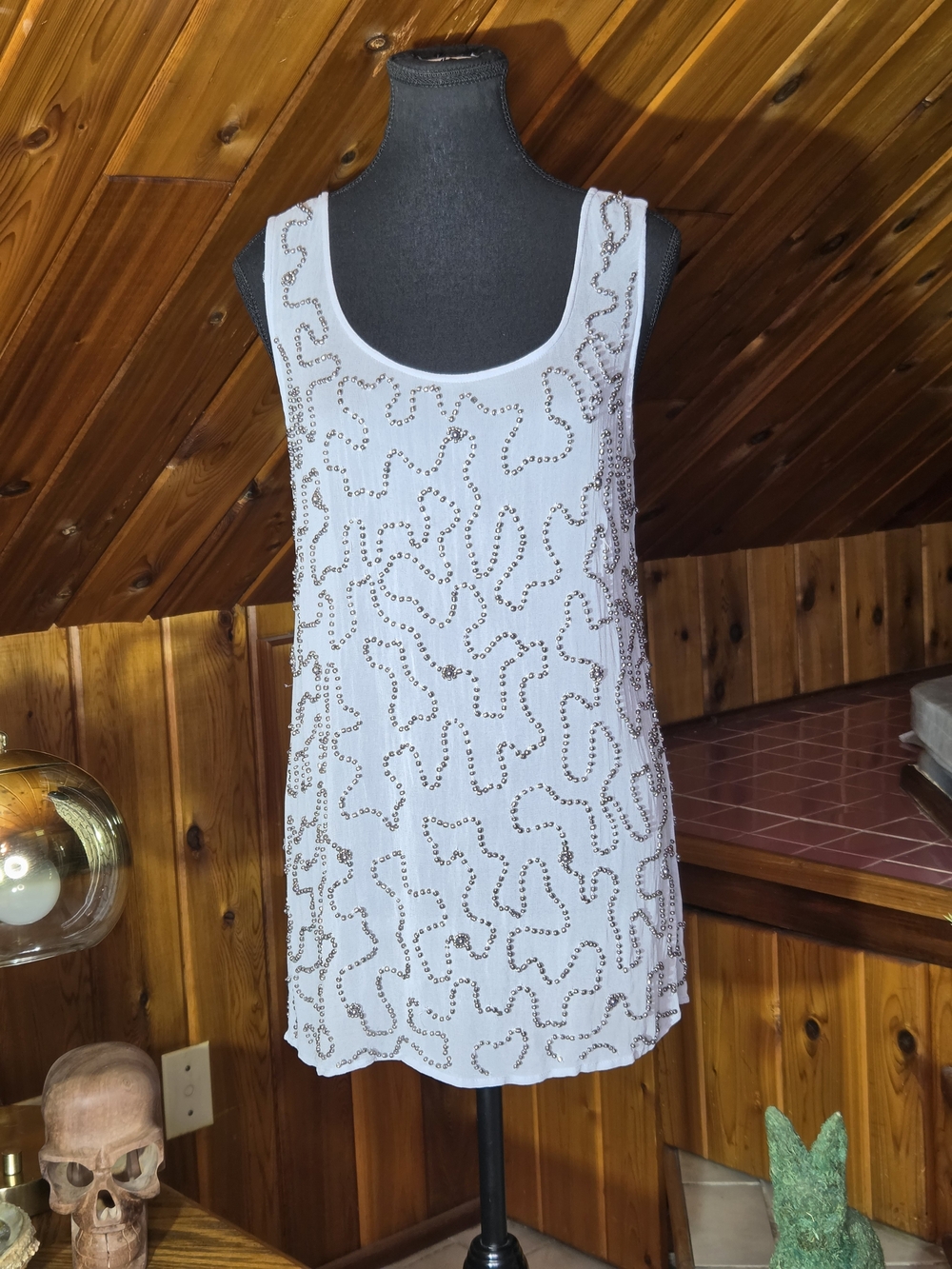 RW&CO. Light Ash Grey Hand Beaded Scoop Neck Tank